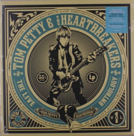 „TOM PETTY & THE HEARTBREAKERS“ in einem Kreis; Illustration eines Mannes mit Gitarre. Retro-Design in Blau, Schwarz und Beige.