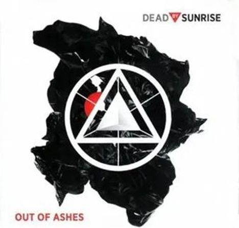 Text „DEAD BY SUNRISE“ oben rechts und „OUT OF ASHES“ unten links. Darunter ein abstraktes, schwarzes Design mit weißem Symbol.