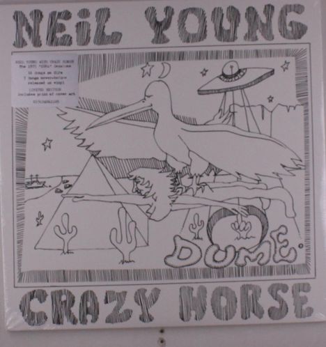 "Neil Young Crazy Horse Dume" in großen Buchstaben, Illustration zeigt einen großen Vogel, ein UFO, Kaktus und Pyramide.