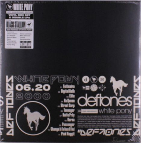 Texte: WHITE PONY, 06.20 2000, deftones. Design: Schwarzes Cover, weißes Pony-Logo, geometrische Schriften.