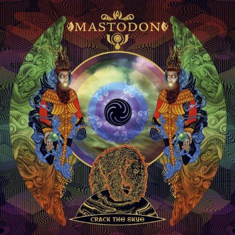 Text: "MASTODON" und "CRACK THE SKYE". Zwei bunte Figuren flankieren ein spiralförmiges Zentrum. Unten ein Tierkopf.