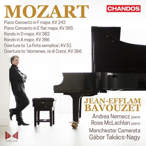 "MOZART: Piano Concerto F & E-flat major, Rondos D & A major, Overtures. Jean-Efflam Bavouzet, Manchester Camerata. Pianist lehnt an Wand."