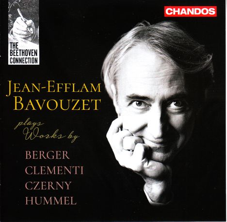 Oben links: "THE BEETHOVEN CONNECTION". Groß "JEAN-EFFLAM BAVOUZET". Unten: "BERGER, CLEMENTI, CZERNY, HUMMEL". Elegantes Schwarzweißfoto eines Mannes.