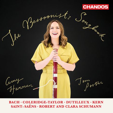 „The Bassoonist’s Songbook“, Namen: Amy Harman, Tom Poster. Komponisten: Bach, Dutilleux. Frau in gelbem Outfit mit Fagott.