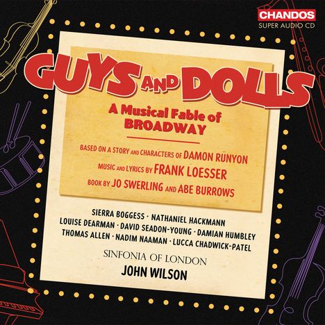 "Guys and Dolls: A Musical Fable of Broadway" in roten und goldenen Buchstaben. Instrumente als Umrisse im Hintergrund.