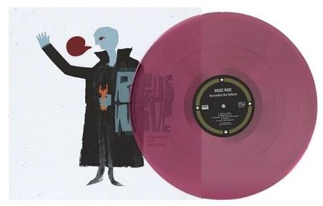 „ROGUE WAVE“ und „Descended Like Vultures“ in einer Illustration eines stilisierten, blauen Charakters mit rotem Kreis.