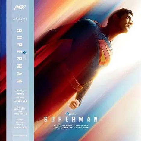 Text: "Superman", "Original Motion Picture Soundtrack", "James Gunn Film". Illustration von Superman im Flug.