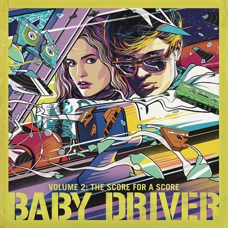 "Volume 2: The Score for a Score" und "Baby Driver" stehen auf einer bunten Illustration mit zwei Personen und Musikelementen.