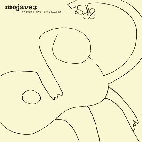 Text: "mojave3 excuses for travellers". Schwarze Strichzeichnung auf gelbem Hintergrund, abstrakte Figur.
