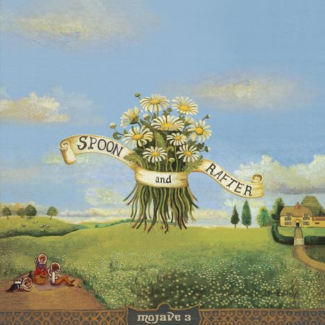 „Spoon and Rafter“ steht auf einem Banner umringt von Gänseblümchen. Landschaft mit Hügeln und einem Haus.