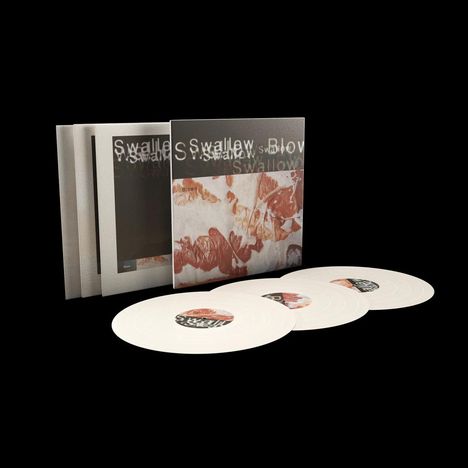 Text auf Albumhülle: "Swallow Blow". Drei Schallplatten vor dem Albumcover mit abstraktem, braunem Muster.