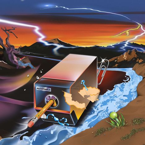 Illustration mit "AUTOSMILE" auf einem modernen Spitzer, der Stifte anspitzt; surrealer Hintergrund mit Landschaft.