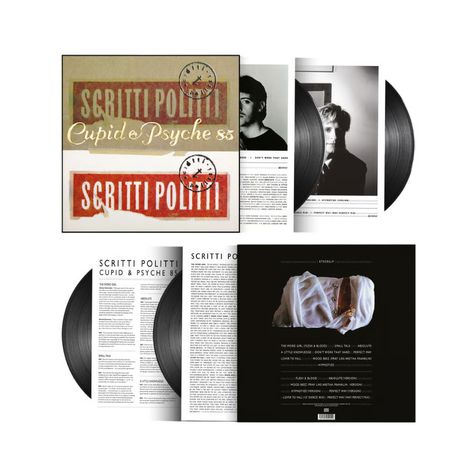"Scritti Politti Cupid & Psyche 85" in Großschrift. Mehrere Schallplattenhüllen mit Schwarz-Weiß-Fotografien und Texten.