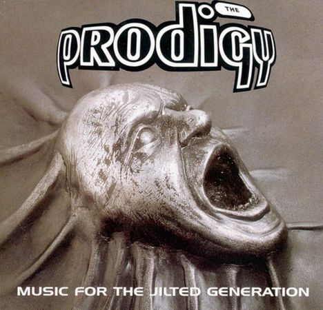 "Prodigy", "Music for the Jilted Generation". Skulptur eines schreienden Kopfes mit verzerrtem Gesichtsausdruck.