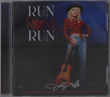 „RUN ROSE RUN“. Frau in kariertem Hemd und Jeans, hält Gitarre. Unten Signatur „Dolly“ mit Schmetterlingsdarstellung.