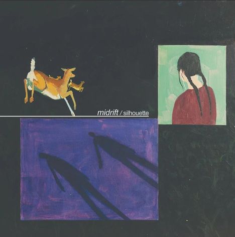 "midrift / silhouette" steht in weiß auf dunklem Hintergrund. Ein springendes Reh und zwei Bilder: eine Frau von hinten und lila Schatten.