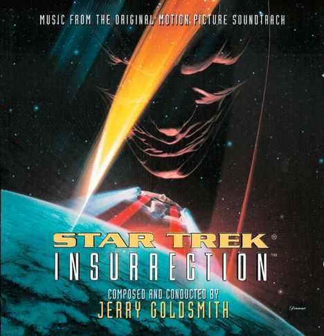 „MUSIC FROM THE ORIGINAL MOTION PICTURE SOUNDTRACK. STAR TREK INSURRECTION. COMPOSED AND CONDUCTED BY JERRY GOLDSMITH.“ Ein Raumschiff im Weltraum, getroffen von einem Lichtstrahl.