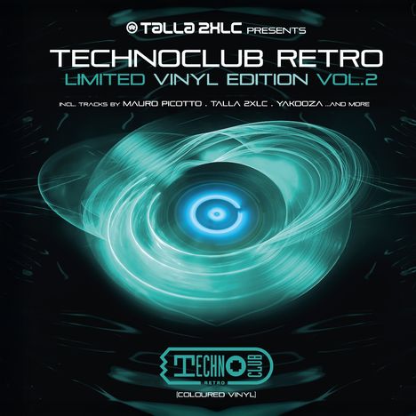 "TECHNOCLUB RETRO LIMITED VINYL EDITION VOL. 2", blaue, wirbelnde abstrakte Grafik mit Logo.