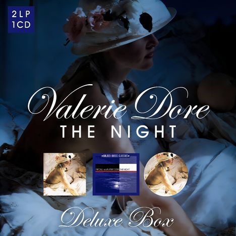 2 LP 1 CD. Valerie Dore The Night. Deluxe Box. Frau mit Hut und Blumen in sanftem Licht.