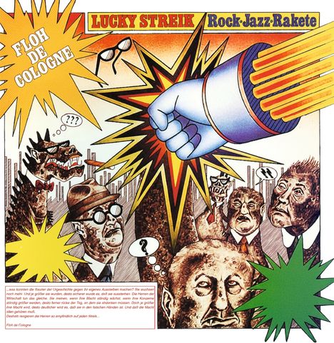 Texte: "Lucky Streik", "Floh de Cologne", "Rock-Jazz-Rakete". Illustration mit stilisiertem Faustschlag, erstaunte Gesichter.