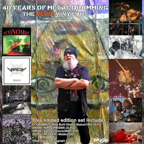 "40 YEARS OF METAL DRUMMING THE NEUDI VINYLBOX LIMITED EDITION." Ein bärtiger Mann steht vor einem bunten Hintergrund.