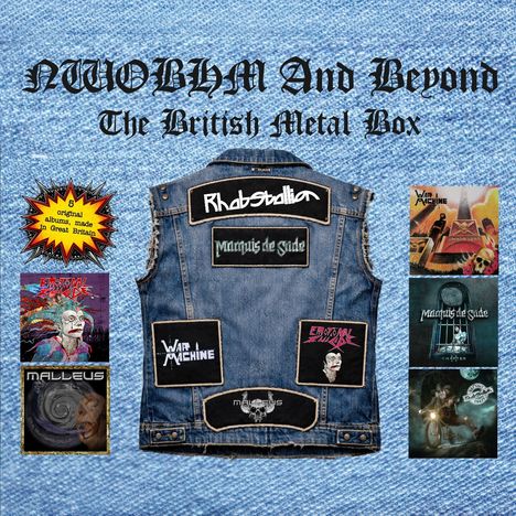 "NWOBHM And Beyond: The British Metal Box" in gotischer Schrift über einer Jeansweste mit Patches von Metal-Bands.