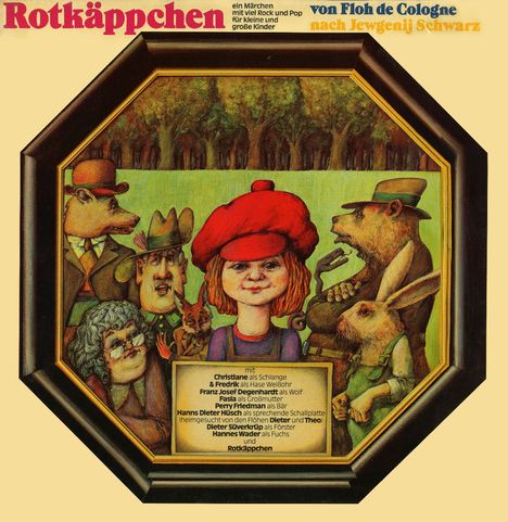 Texte: "Rotkäppchen", "von Floh de Cologne", "nach Jewgenij Schwarz", Namen von Mitwirkenden. Illustration zeigt Figuren eines Märchens.