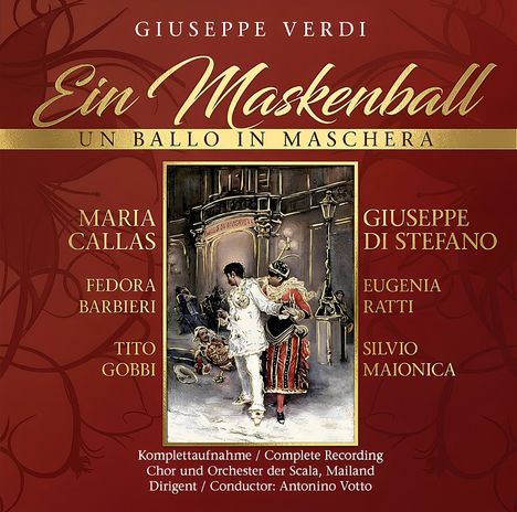 „Ein Maskenball“ von Giuseppe Verdi in goldener Schrift. Illustration: maskierte Paare vor elegantem Gebäude.
