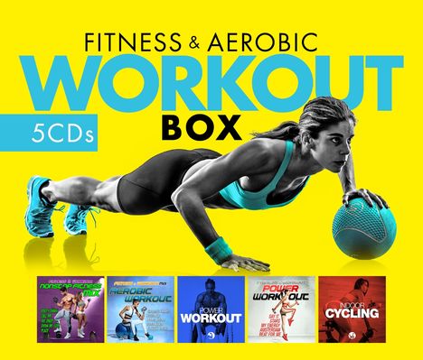 "Fitness & Aerobic Workout Box. 5 CDs." Frau im Plank mit Medizinball, vier CD-Cover unten.