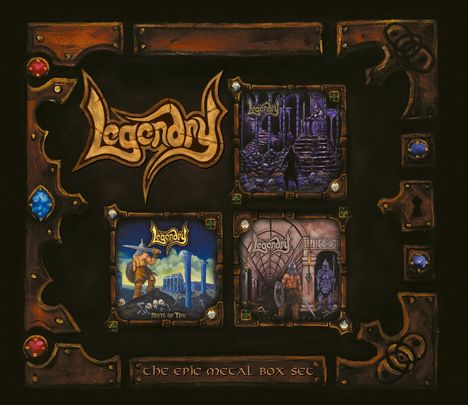 "Legendry", viermal als Logo. Darunter Covers in einem Rahmen mit Edelsteinen und der Text "The Epic Metal Box Set".