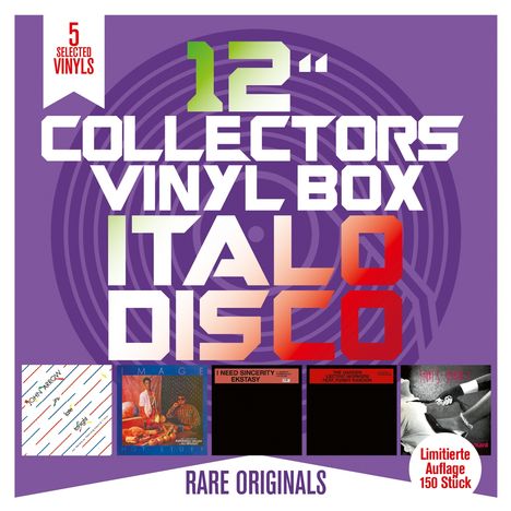 „5 Selected Vinyls“, „12“ Collectors Vinyl Box Italo Disco“, „Lim. Auflage 150 Stück“, Covers von fünf Platten.