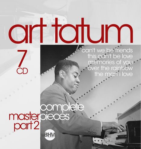 Text: "art tatum 7 CD", "can't we be friends", "complete masterpieces part 2". Schwarz-Weiß-Foto eines Pianisten.