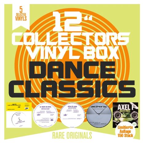 "12'' Collectors Vinyl Box: Dance Classics. 5 Selected Vinyls. Limitierte Auflage 150 Stück. Rare Originals." Kreisförmiges Muster.