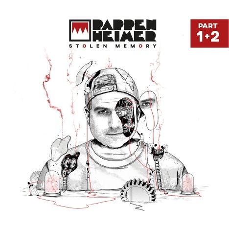 Text: "Rappenheimer", "Stolen Memory", "Part 1+2". Illustration eines Gesichts, teils mechanisch, mit surrealen Elementen.