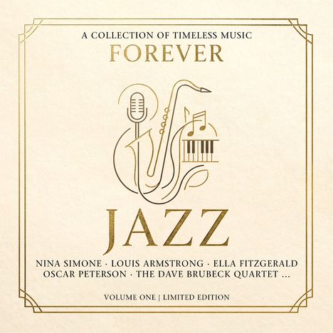 FOREVER JAZZ, Musiker: Nina Simone, Louis Armstrong, Ella Fitzgerald. Illustration: Mikrofon, Saxophon, Klaviertasten.