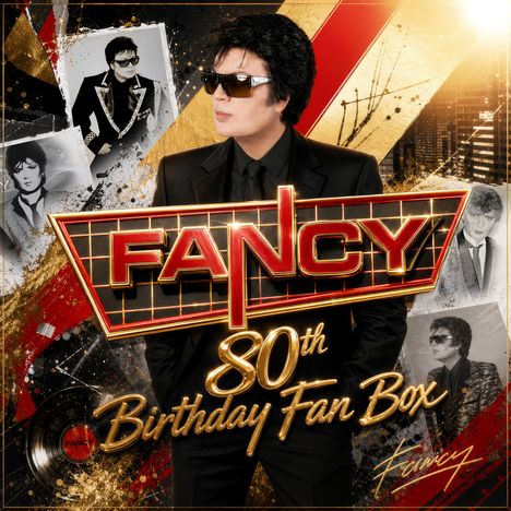 "FANCY 80th Birthday Fan Box". Ein Mann in schwarzem Anzug und Sonnenbrille, umgeben von gold-roten Akzenten und Fotos.