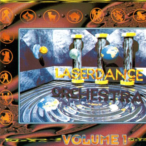 Text: "LASERDANCE ORCHESTRA VOLUME 1". 

Beschreibung: Science-Fiction-Thema, Planeten und Säulen, umgeben von Tierkreiszeichen.