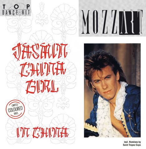 Text: "Top Dance Hit", "MOZZART", "Jasmin China Girl", "Limited Coloured Vinyl". Ein Mann in eleganter Kleidung abgebildet.