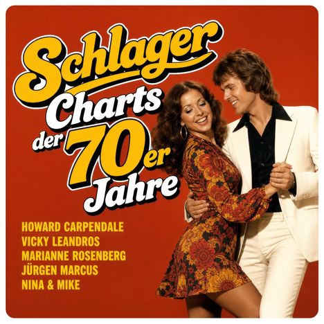 "Schlager Charts der 70er Jahre" in großen Buchstaben, daneben ein Paar beim Tanzen in bunter 70er-Jahre-Kleidung.