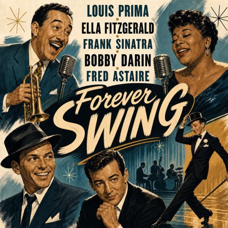 Texte: Louis Prima, Ella Fitzgerald, Frank Sinatra, Bobby Darin, Fred Astaire, Forever Swing. Illustration von Musiklegenden.