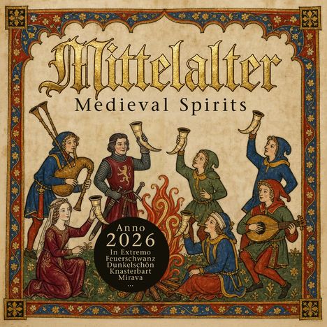 "Anno 2026. Mittelalter, Medieval Spirits. In Extremo, Feuerschwanz, Dunkelschön, Knasterbart, Mirava."  
Illustration mehrerer musizierender Menschen am Feuer.
