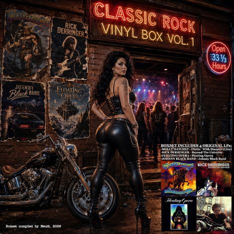 "CLASSIC ROCK VINYL BOX VOL. 1" in Neon. Eine Frau in Leder vor einem Club, im Hintergrund Konzertatmosphäre.