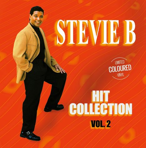 "STEVIE B, HIT COLLECTION VOL. 2, LIMITED COLOURED VINYL." Ein Mann in hellbraunem Sakko vor einem orangefarbenen Hintergrund.
