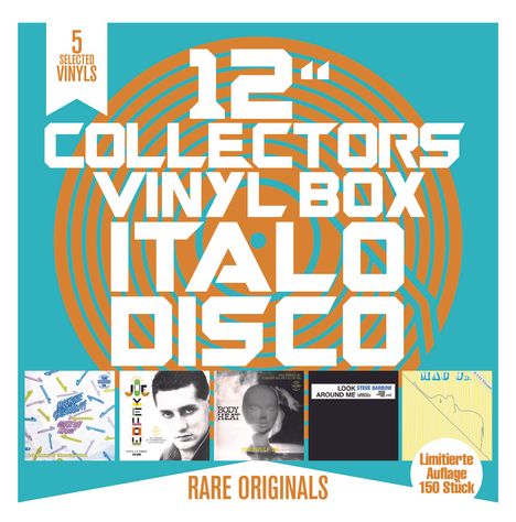 Text: "12'' Collectors Vinyl Box Italo Disco". Fünf Albencover unten, limitiert auf 150 Stück, "Rare Originals". Retro-Design.