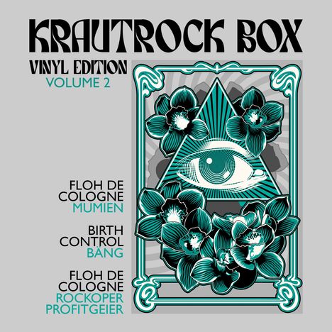 "KRAUTROCK BOX, VINYL EDITION VOLUME 2." Illustration: Auge im Dreieck, umgeben von Blumenornamenten.