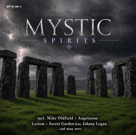 Mystic Spirits, Bands: Mike Oldfield, Angelzoom, Lesiem, Secret Garden feat. Johnny Logan. Steinmonument und Gewitterwolken.