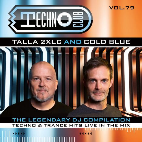 "TECHNO CLUB VOL.79, TALLA 2XLC AND COLD BLUE, THE LEGENDARY DJ COMPILATION. Zwei Männer vor buntem Hintergrund."