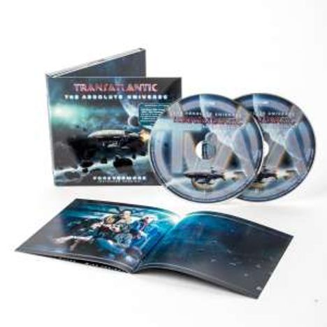 "TRANSATLANTIC The Absolute Universe" auf CD-Hüllen und einem geöffneten Booklet mit Weltraumthema.