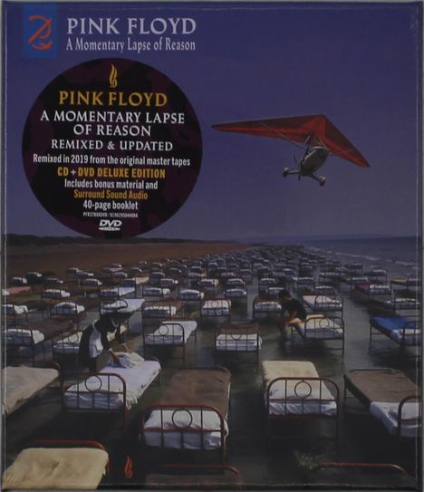 Text: "Pink Floyd A Momentary Lapse of Reason Remixed & Updated." Illustration: Gleitschirm über Strand mit Betten.