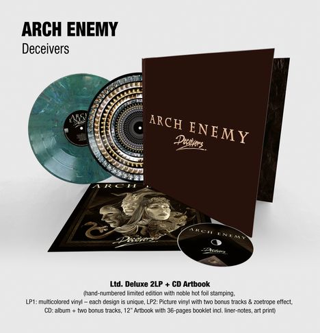 Arch Enemy: Deceivers (Limited Deluxe Multicolored Vinyl + Zoetrope Vinyl + CD Artbook incl. Art Print), 2 LPs und 1 CD